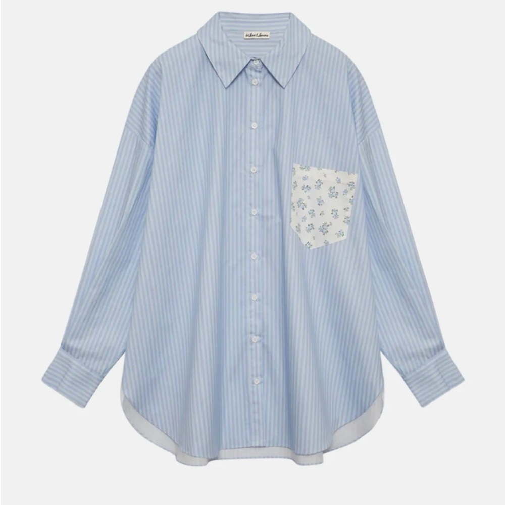 For Love and Lemons, NWT Blue Striped Button-Up Shirt with Floral Pocket